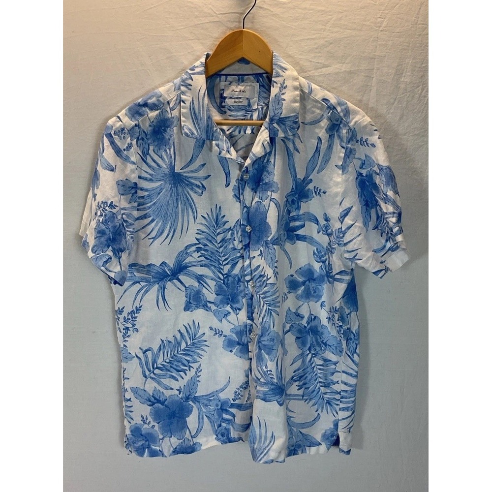 Porter And Ash Shirt Mens LG 100% Linen Short Sleeve blue‎  Hawaiian Beachy